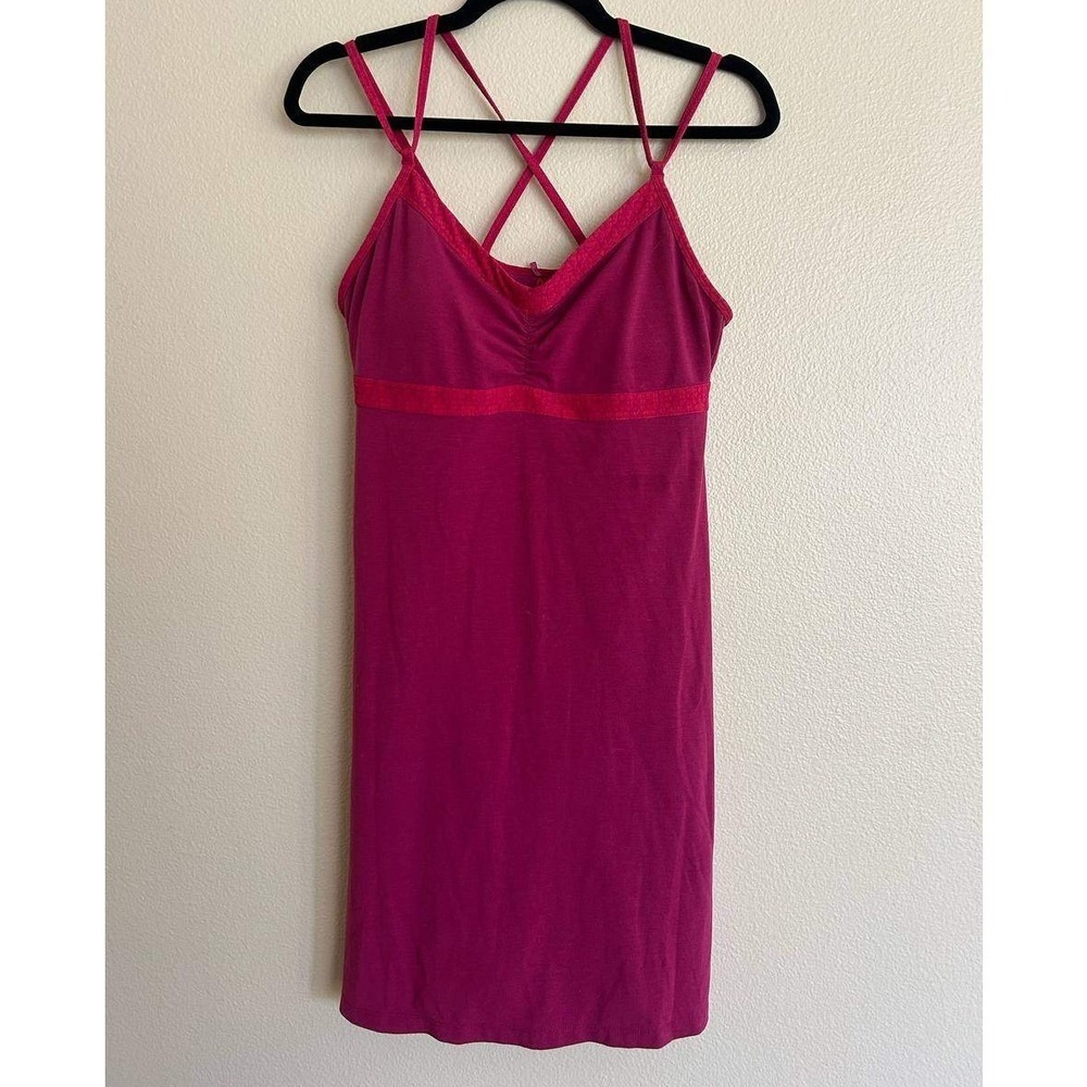 Prana Quinn Dress Berry M Bohe Athleisure Gorpcore V Neck Ruched Clean Girl Yoga